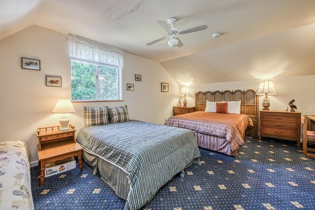 42357 Hanging Branch Rd, Shaver Lake, CA 93664 - bedroom with lofted ceiling, carpet, and a ceiling fan