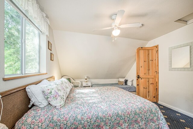 42357 Hanging Branch Rd, Shaver Lake, CA 93664 - carpeted bedroom featuring lofted ceiling, a ceiling fan, and baseboards