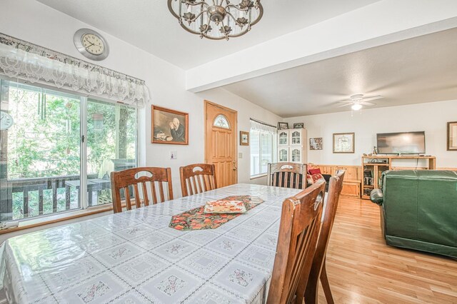 42357 Hanging Branch Rd, Shaver Lake, CA 93664 - dining room with a chandelier, light wood-type flooring, and a ceiling fan