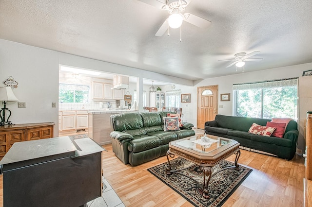 42357 Hanging Branch Rd, Shaver Lake, CA 93664 - living room featuring ceiling fan, a textured ceiling, and light wood-style floors