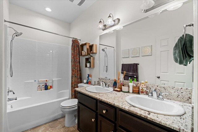3930 Saginaw Ave, Clovis, CA 93619 - bathroom featuring toilet, shower / tub combo with curtain, and double vanity