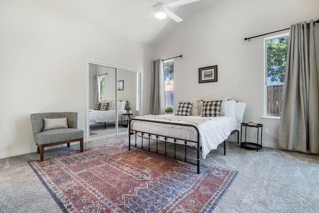 5642 W Beechwood Ave, Fresno, CA 93722 - bedroom with carpet flooring, multiple windows, baseboards, and high vaulted ceiling