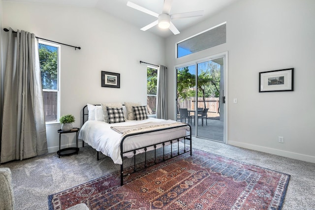 5642 W Beechwood Ave, Fresno, CA 93722 - bedroom featuring access to outside, carpet floors, baseboards, high vaulted ceiling, and ceiling fan