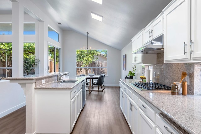 5642 W Beechwood Ave, Fresno, CA 93722 - kitchen featuring a sink, appliances with stainless steel finishes, wood finished floors, under cabinet range hood, and tasteful backsplash