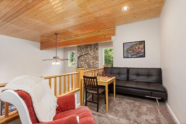 41208 Silver Pine Ln, Shaver Lake, CA 93664 - carpeted living area featuring wooden ceiling, ceiling fan, baseboards, and recessed lighting
