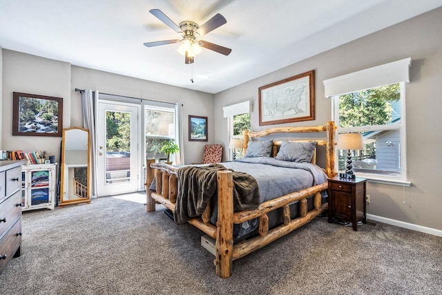 41208 Silver Pine Ln, Shaver Lake, CA 93664 - bedroom with access to outside, carpet floors, baseboards, and a ceiling fan