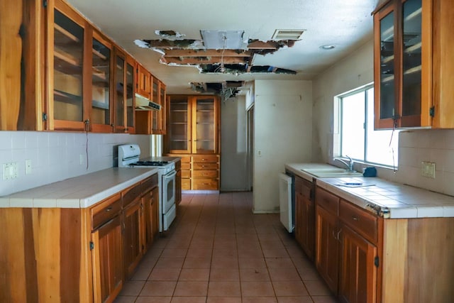 1315 W Fedora Ave, Fresno, CA 93705 - kitchen with white appliances, under cabinet range hood, decorative backsplash, and tile countertops