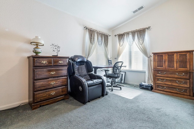2903 Desert Ranch Way, Madera, CA 93637 - sitting room with vaulted ceiling, carpet flooring, baseboards, and a desk