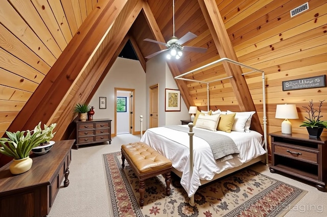 38303 Woodland Rd, Shaver Lake, CA 93664 - bedroom with light carpet, lofted ceiling, wood walls, and ceiling fan
