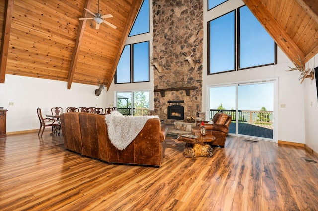 38303 Woodland Rd, Shaver Lake, CA 93664 - living room featuring high vaulted ceiling, wood finished floors, a fireplace, a wood ceiling with exposed beams, and ceiling fan