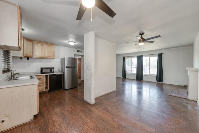 1205 W Clinton Ave, Fresno, CA 93705 - kitchen featuring black appliances, light brown cabinets, a ceiling fan, and a sink