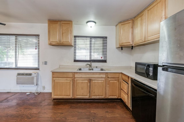 1205 W Clinton Ave, Fresno, CA 93705 - kitchen featuring black appliances, a sink, a wall mounted AC, light brown cabinets, and light countertops