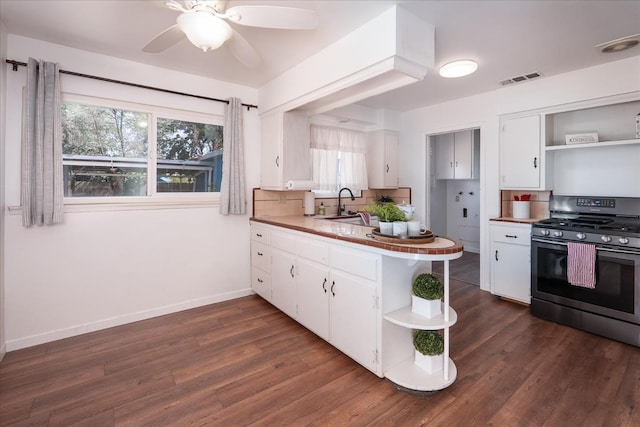 4003 E Fedora Ave, Fresno, CA 93726 - kitchen with gas stove, open shelves, and white cabinets