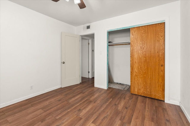 4003 E Fedora Ave, Fresno, CA 93726 - unfurnished bedroom featuring wood finished floors, baseboards, a closet, and a ceiling fan
