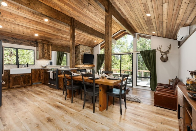 41831 Saddleback Rd, Shaver Lake, CA 93664 - dining space featuring a wall mounted air conditioner, wood ceiling, light wood-type flooring, and recessed lighting