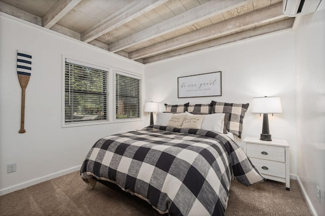 41831 Saddleback Rd, Shaver Lake, CA 93664 - bedroom featuring carpet flooring, a wall mounted air conditioner, beamed ceiling, and baseboards