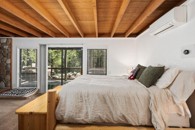 41831 Saddleback Rd, Shaver Lake, CA 93664 - bedroom featuring a wall unit AC, multiple windows, carpet, and wood ceiling with exposed beams
