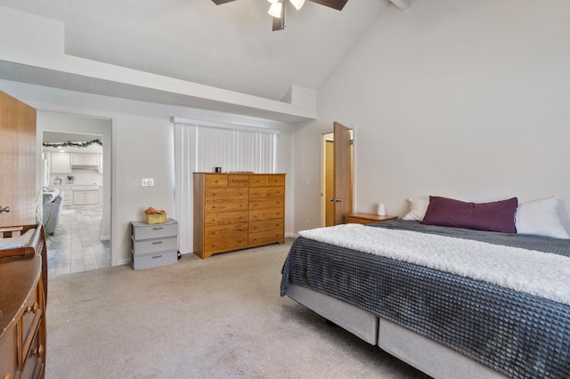1958 Sundance Ln, Madera, CA 93637 - bedroom with carpet floors, high vaulted ceiling, beam ceiling, and ceiling fan