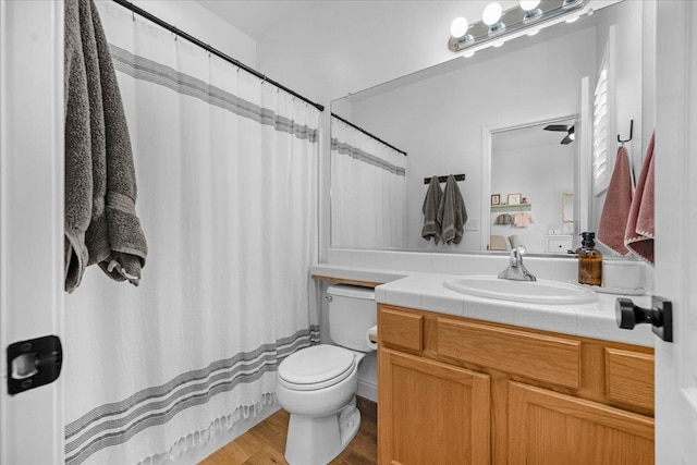 1780 N Avignon Ln, Clovis, CA 93619 - full bathroom featuring vanity, toilet, wood finished floors, and a shower with shower curtain