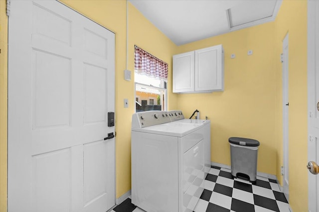739 E Harvard Ave, Fresno, CA 93704 - laundry room with cabinet space, tile patterned floors, washing machine and dryer, and attic access