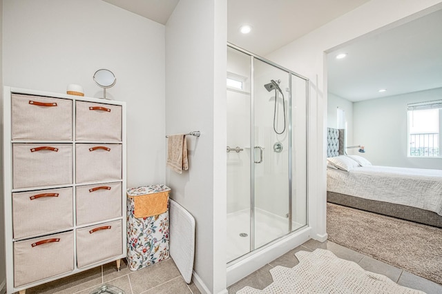 4284 Hillside Rd, Madera, CA 93636 - bathroom with connected bathroom, tile patterned floors, a stall shower, and recessed lighting