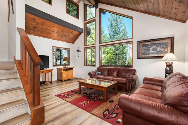 40758 Cold Springs Ln, Shaver Lake, CA 93664 - living area featuring stairs, high vaulted ceiling, wood finished floors, baseboards, and wood ceiling