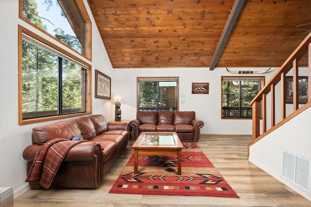 40758 Cold Springs Ln, Shaver Lake, CA 93664 - living area featuring wooden ceiling, stairs, wood finished floors, and baseboards