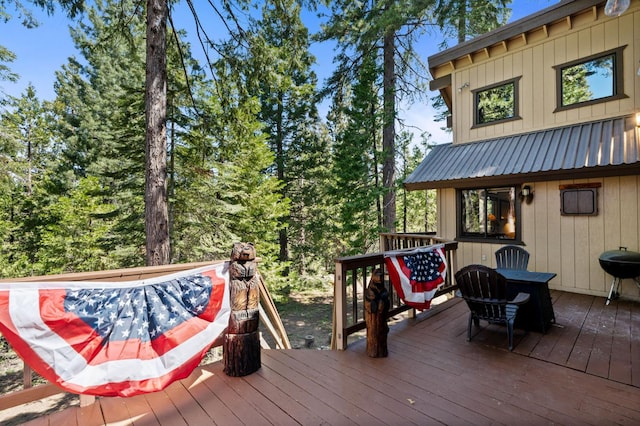 40758 Cold Springs Ln, Shaver Lake, CA 93664 - wooden deck with outdoor dining space and grilling area