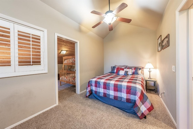 40814 Village Pass Ln, Shaver Lake, CA 93664 - bedroom featuring carpet, lofted ceiling, baseboards, and ceiling fan