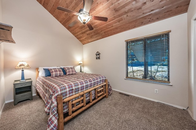 40814 Village Pass Ln, Shaver Lake, CA 93664 - bedroom featuring carpet floors, lofted ceiling, wood ceiling, baseboards, and ceiling fan