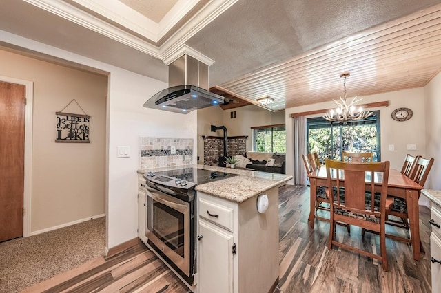 40814 Village Pass Ln, Shaver Lake, CA 93664 - kitchen with stainless steel electric range, a wood stove, wall chimney range hood, a chandelier, and white cabinetry