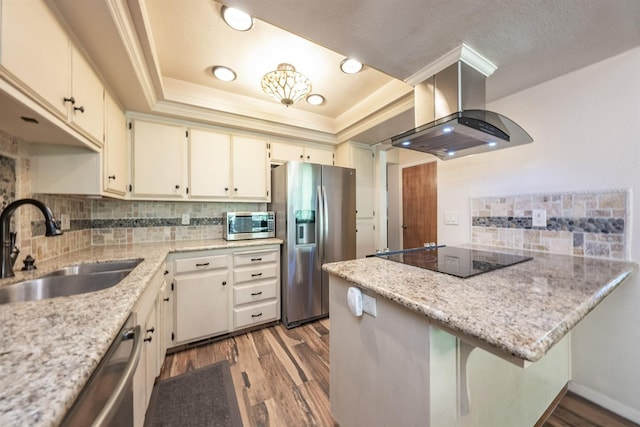 40814 Village Pass Ln, Shaver Lake, CA 93664 - kitchen with appliances with stainless steel finishes, a sink, range hood, wood finished floors, and backsplash
