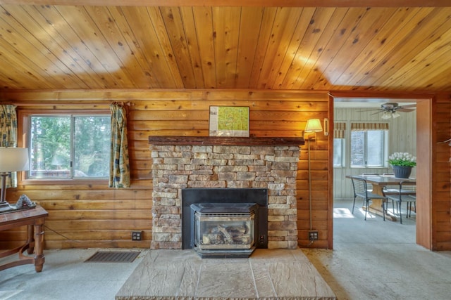 44468 Lakeview Ave, Shaver Lake, CA 93664 - living room with carpet, wooden ceiling, and ceiling fan