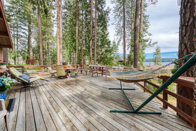 44468 Lakeview Ave, Shaver Lake, CA 93664 - wooden terrace featuring outdoor dining area