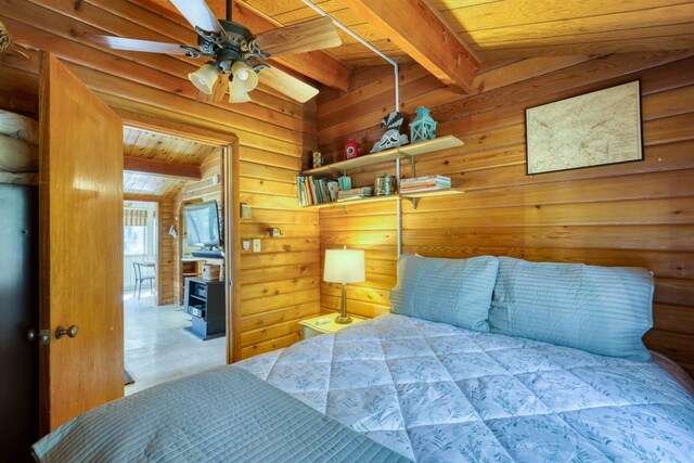 44468 Lakeview Ave, Shaver Lake, CA 93664 - bedroom featuring wood ceiling with exposed beams