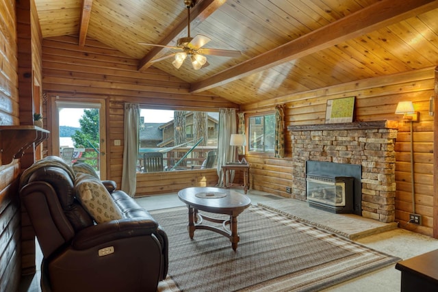 44468 Lakeview Ave, Shaver Lake, CA 93664 - carpeted living room featuring ceiling fan, wood ceiling, and a fireplace
