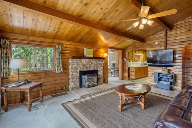 44468 Lakeview Ave, Shaver Lake, CA 93664 - living room featuring wood ceiling, ceiling fan, a stone fireplace, and rustic walls