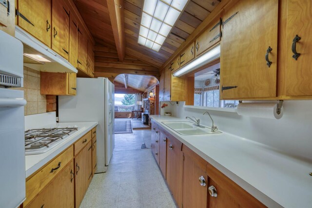44468 Lakeview Ave, Shaver Lake, CA 93664 - kitchen featuring a sink, white appliances, wood ceiling, light countertops, and light floors