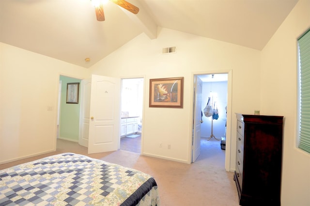 621 E Keats Ave, Fresno, CA 93710 - bedroom with light carpet, beamed ceiling, baseboards, ensuite bathroom, and a ceiling fan