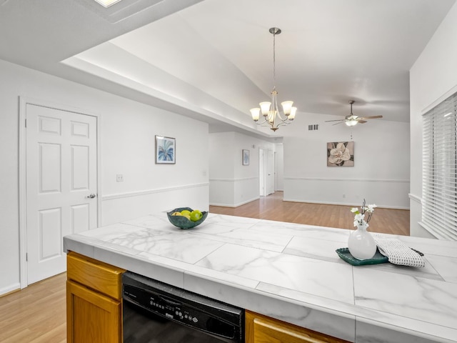 6185 N Milburn Ave, Fresno, CA 93722 - kitchen featuring dishwasher, light wood-style flooring, hanging light fixtures, and a chandelier