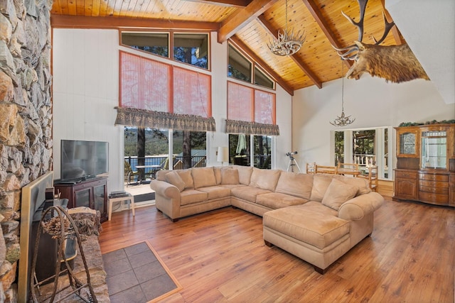 37731 Shoreline Dr, Bass Lake, CA 93604 - living area with high vaulted ceiling, wood-type flooring, plenty of natural light, and wood ceiling with exposed beams