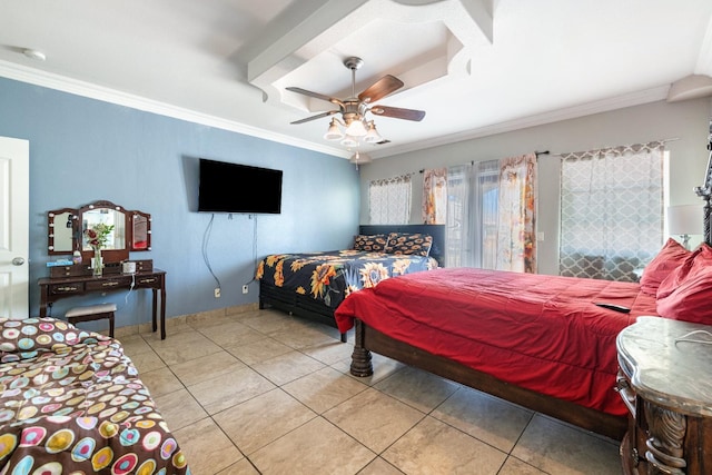 42462 Rd 140, Orosi, CA 93647 - tiled bedroom featuring ornamental molding, ceiling fan, and access to exterior