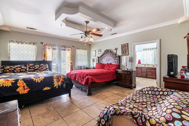 42462 Rd 140, Orosi, CA 93647 - bedroom featuring light tile patterned flooring, crown molding, ensuite bath, and a ceiling fan
