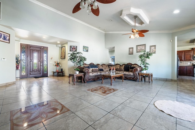 42462 Rd 140, Orosi, CA 93647 - living area with ceiling fan, ornamental molding, light tile patterned floors, recessed lighting, and vaulted ceiling