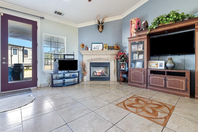 42462 Rd 140, Orosi, CA 93647 - tiled living room featuring crown molding and a glass covered fireplace
