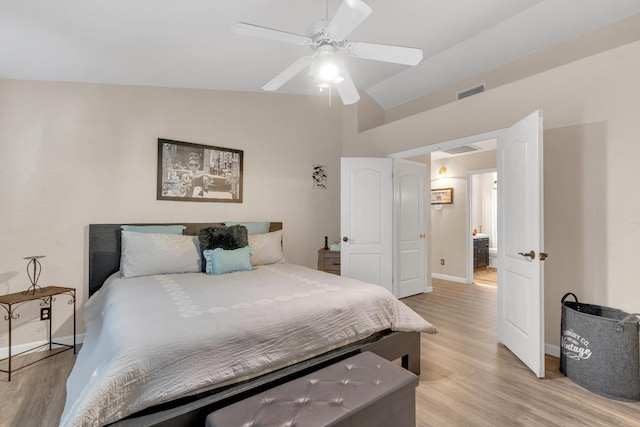 1775 E Cole Ave, Fresno, CA 93720 - bedroom featuring light wood-style flooring, baseboards, a ceiling fan, and vaulted ceiling