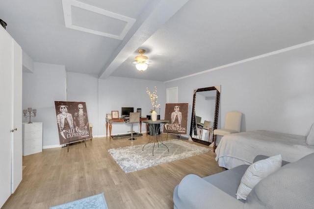 1775 E Cole Ave, Fresno, CA 93720 - bedroom with an office area, wood finished floors, and beamed ceiling