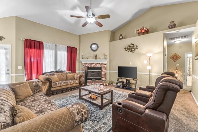 10033 N Baird Ave, Fresno, CA 93730 - living area featuring ceiling fan, vaulted ceiling, carpet floors, and a fireplace