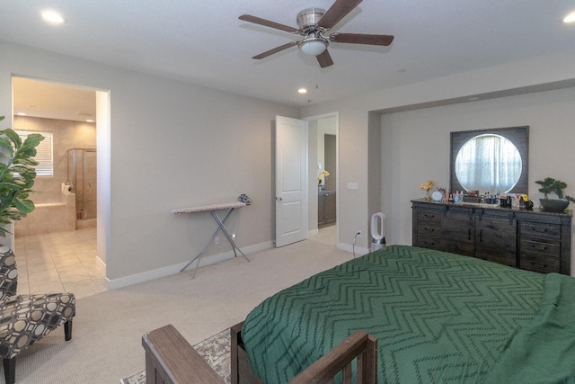 116 Meridian Ave, Madera, CA 93636 - bedroom with light carpet, recessed lighting, baseboards, a ceiling fan, and connected bathroom