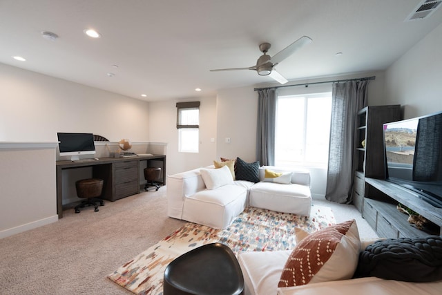 1157 Maclure Ave W, Madera, CA 93636 - carpeted living area featuring an office area, ceiling fan, recessed lighting, and baseboards